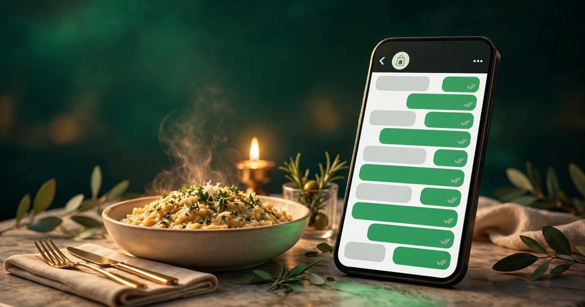 Restaurant table with food and a phone showing WhatsApp order chat